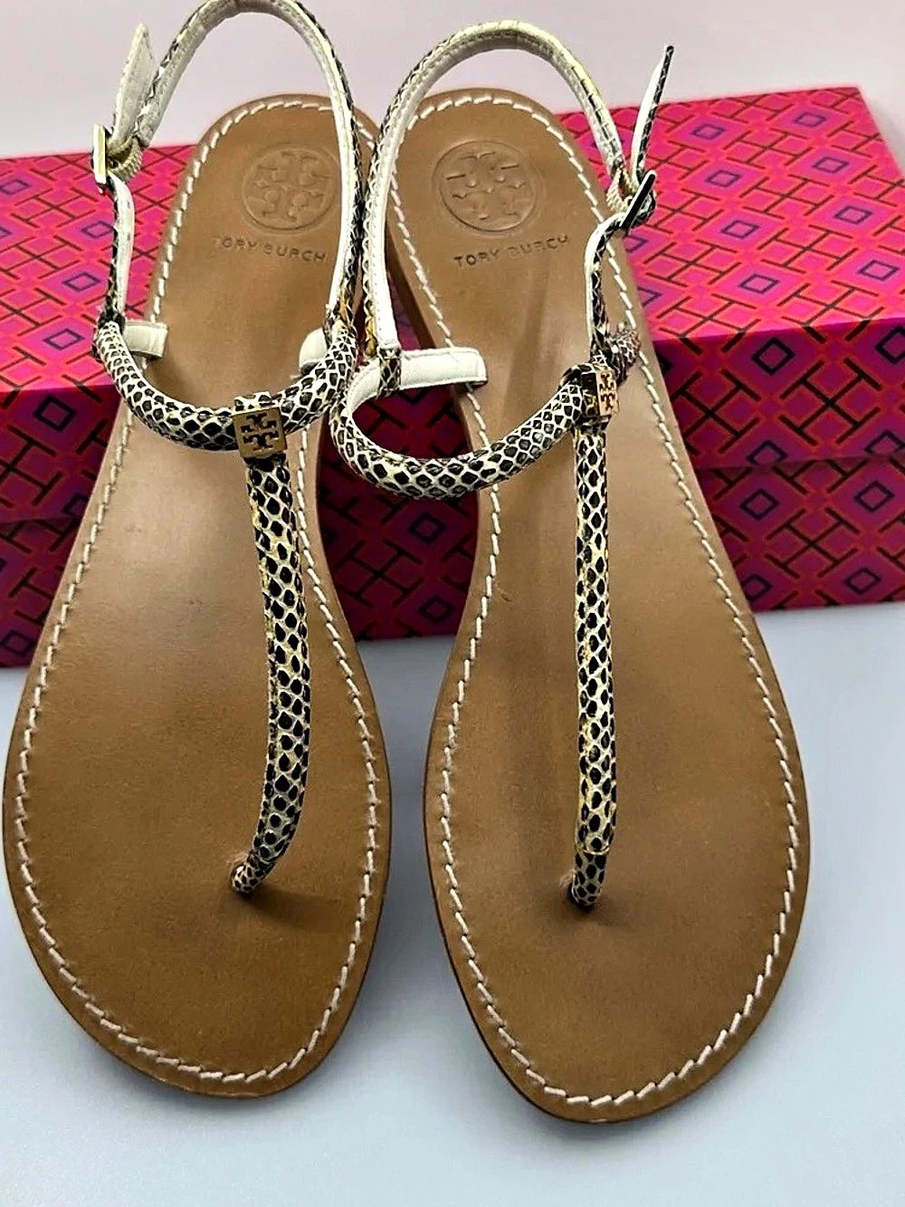 Tory Burch Logo T-Strap Sandals Brown & Gold Like New